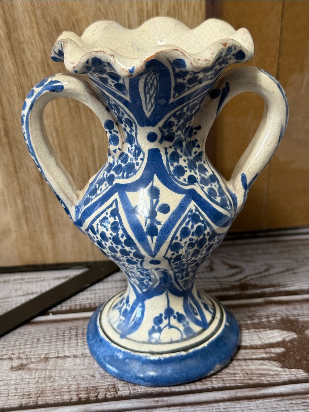 Blue and Cream Decorative Double-Handled Ceramic Vase - Unbranded